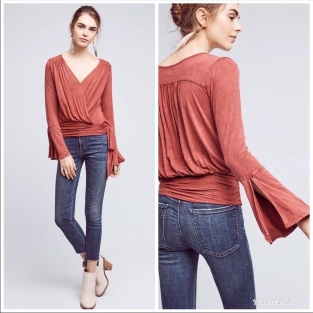 Anthropologie Deletta Faux Wrap Blouse, Side Tie.